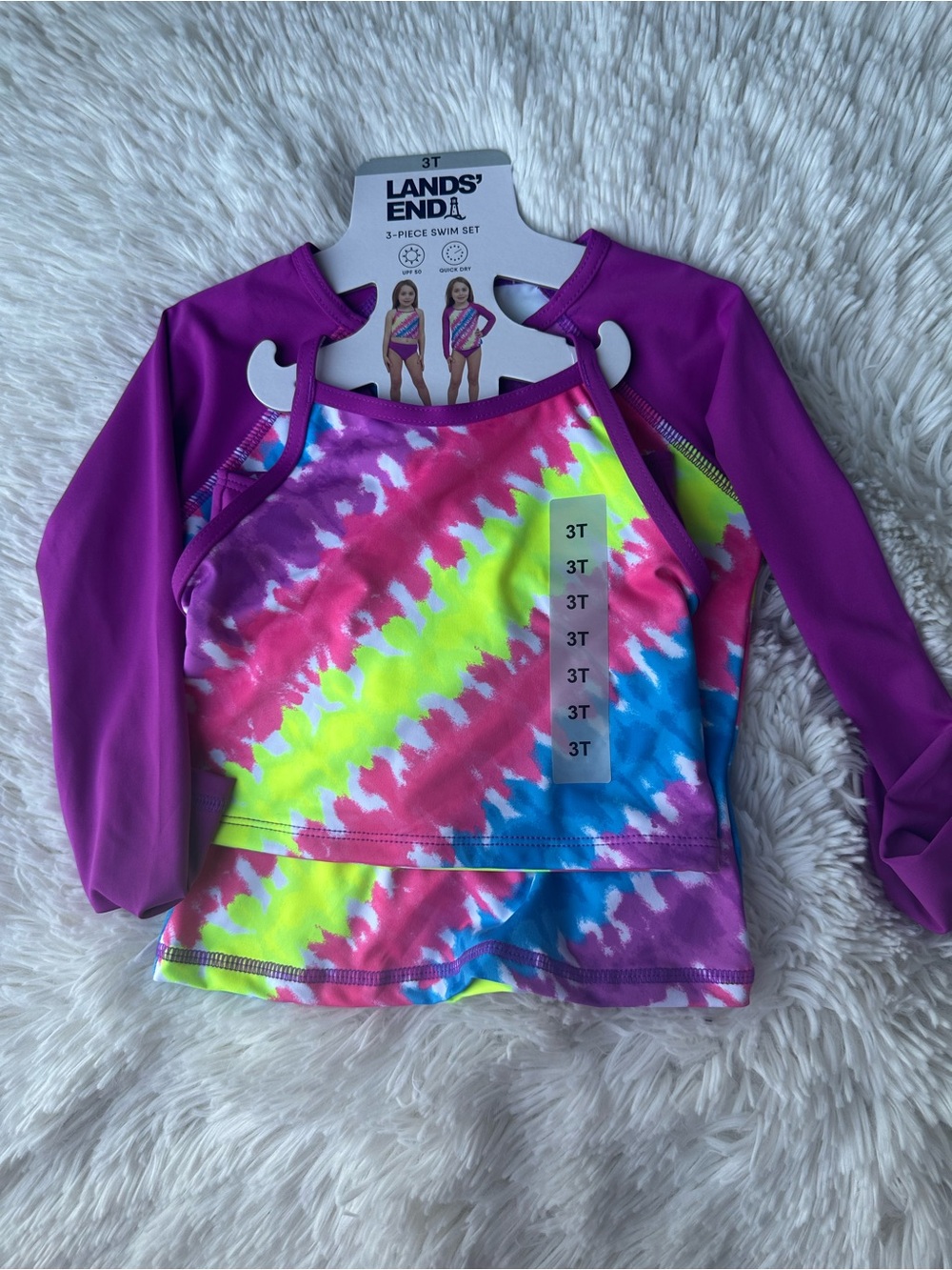 Lands' End Girls' 3-Piece Swim Set - Neon Tie-Dye & Purple (3T) New